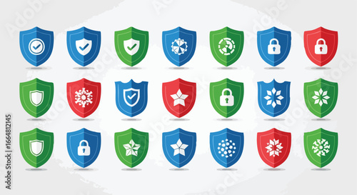Variety of Colorful Shield Icons Representing Protection and Security Measures and Different Industry Settings and Digital Environments
