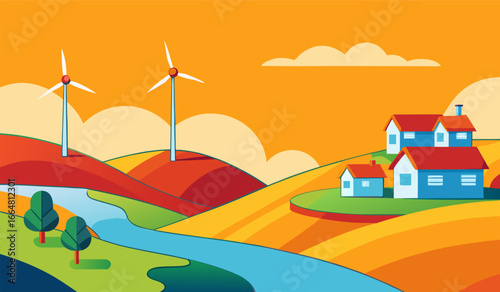 Circular landscape Wind generator Renewable energy power concept Classic energy Rural Landscape with farm houses, barn, fields with crop rows.
 