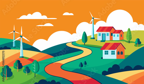 Circular landscape Wind generator Renewable energy power concept Classic energy Rural Landscape with farm houses, barn, fields with crop rows.
 