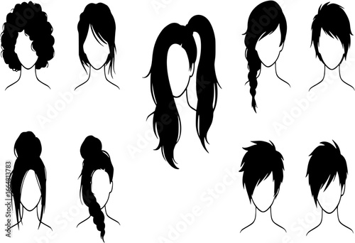 Female hairstyle icons set. Advertising elegant woman face logo.
