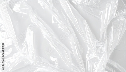 Wrinkled transparent plastic sheet with glossy reflections on white background.