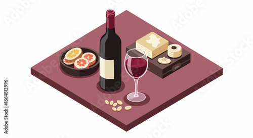 Isometric Illustration of Red Wine Bottle, Glass, Cheese, and Citrus Fruits on a Table for a Gourmet Snack