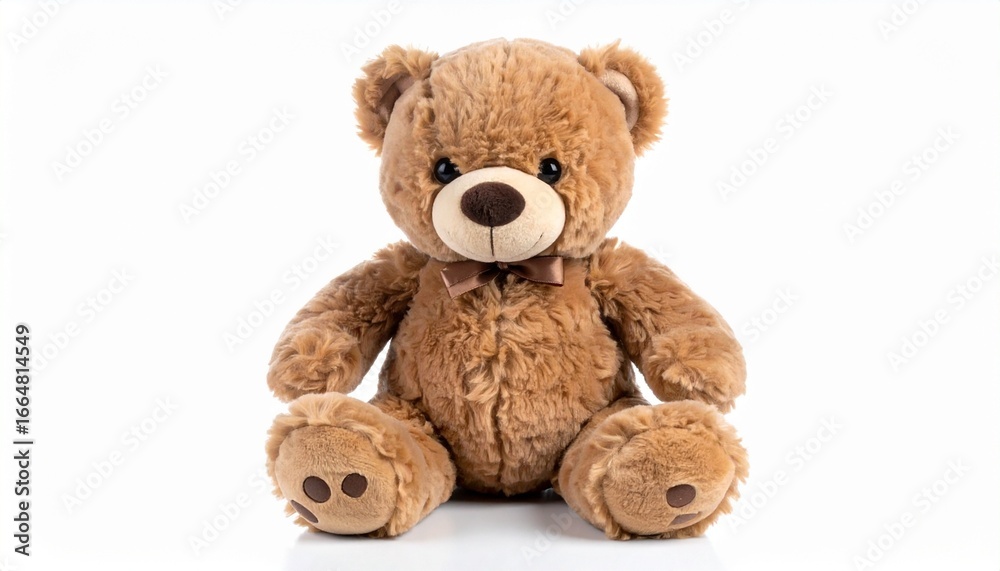 Obraz premium Light brown plush teddy bear with bow tie posed against clean white background.
