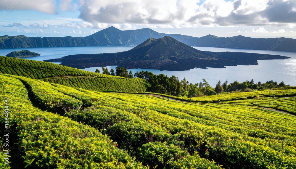 Obraz premium Lush green terraces overlooking volcanic island in lake surrounded by mountains under partly cloudy sky.