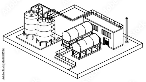 "Silhouette line drawing of a process plant, showing schematic arrangement of tanks, pipes, and heat exchanger equipment, viewed from above in a professional engineering style."