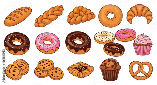 Delightful array of freshly baked goods: Bread, donuts, pastries, cookies, and a charming cupcake assortment