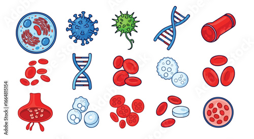 Educational biological vector illustration depicting cells, viruses, and DNA structure, essential for science materials, promoting learning about