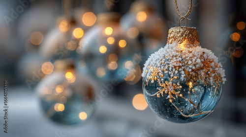 Glass Christmas ornaments with snowflake designs hang beautifully, illuminated by warm bokeh lights, creating festive atmosphere