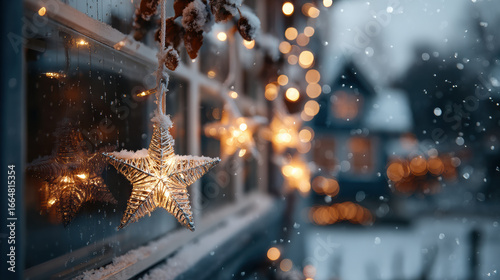 Glowing star shaped ornament hangs on snowy window, reflecting warm lights and creating cozy winter atmosphere