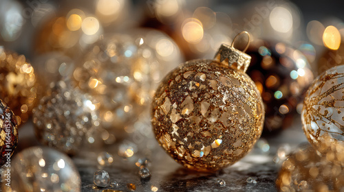 Golden and silver Christmas ornaments with glittering details create festive and elegant holiday atmosphere