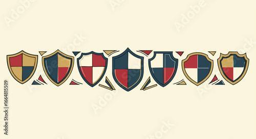 Heraldic shield emblems in a row, colorful heraldic shields, ancient defense and symbols of heritage, perfect decorative element