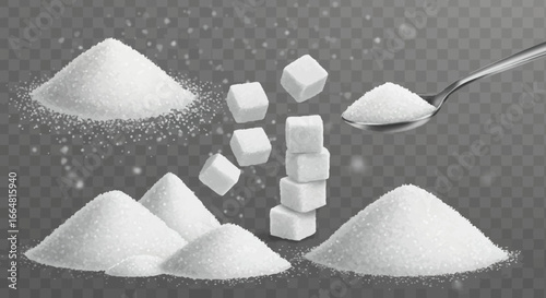 Discover the Sweetness Piles of Sugar and Sugar Cubes Ready for Baking Modern Minimalist Style Purity in Every Grain Versatile for Cooking Recipes and Beverage Illustrations