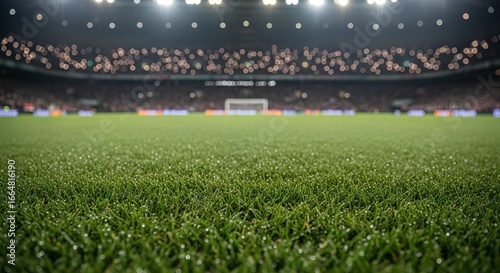 Low-angle view of a lush green sports field in a stadium with blurred spectators in the background under bright stadium lights.