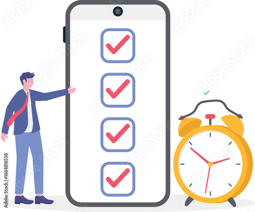 Flat illustration of woman event planner checking business checklist with calendar and note schedule management time planning

