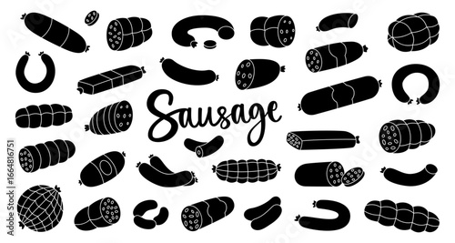 Black sausages set. Fresh raw sausages. Butchery menu design template for food market, ecommerce, products promotion. Vector illustration.