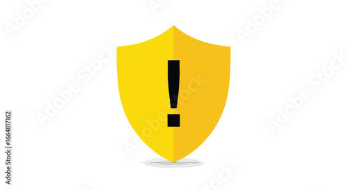 Illustrative golden shield emblazoned with black exclamation point symbolizing security warning alert risk threat vulnerability safety caution