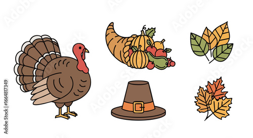 Festive thanksgiving elements arrangement featuring a turkey, cornucopia, pilgrim hat, and fall leaves