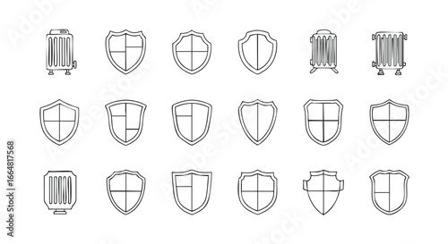 Collection of Minimalist Shield Icons and Heating Radiator Equipment Outlines for Design Projects and Creative Visuals