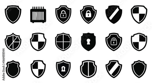 Assorted Security Shield Icon Set Displaying Various Shapes and Lock Types Emphasizing Protection and Defense Visualizations for Design Projects