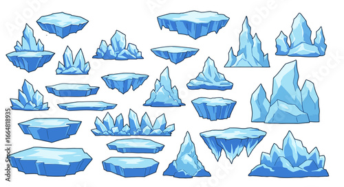 Collection of Various Ice Formations and Floating Platforms in a Pixelated Art Style Representing Cold Environments and Winter Landscapes Perfect for Gaming or Digital Art Projects