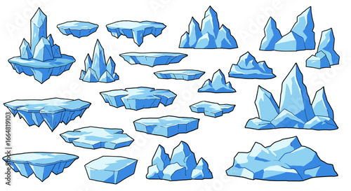 Collection of Floating Ice Platforms and Jagged Ice Formations for Game Design and Digital Art Projects Offering a Cool and Chilling Aesthetic