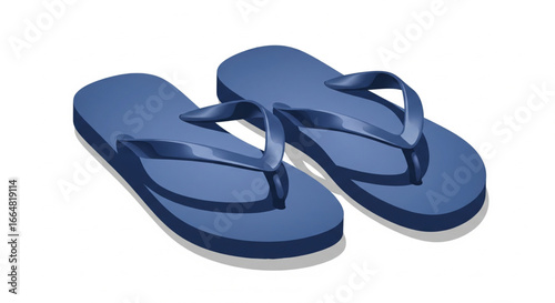 A pair of simple, dark-blue flip-flops rests on a white background, casting subtle shadows.