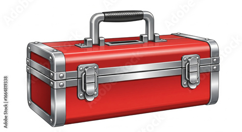 A red toolbox with silver accents and a black handle, isolated on a white background.