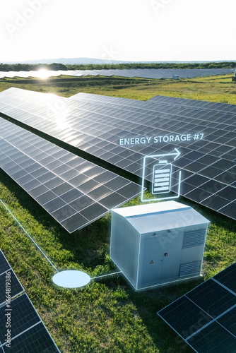 Aerial view of solar power station with energy storage