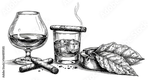 A Relaxing Evening with Aged Spirits and Premium Hand-Rolled Cigars Evoking Sophistication and Leisurely Pursuits