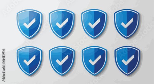 Blue shields with check marks create a sense of security and trust in data protection and cybersecurity compliance ensuring online confidence and