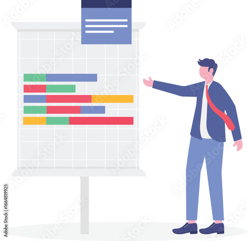 Flat illustration of computer laptop displays gantt chart assisting in planning for software development and project management
