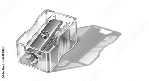A clear plastic pencil sharpener with a metal blade and a shadow on a white background.