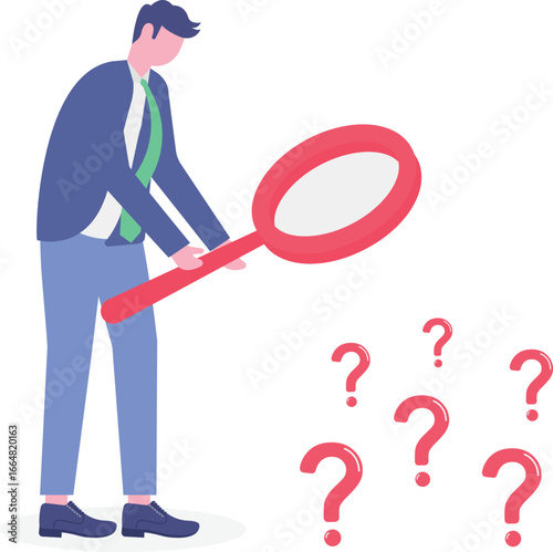 Flat illustration of businessman analyzes question mark with magnifying glass searching for solutions to problems or challenges
