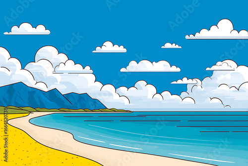 Minimal flat vector beach with sand and water on white background, simple horizontal line illustration in blue and yellow, clean abstract children style design.