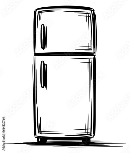 Hand drawn sketch illustration of refrigerator fridge in black and white vector style