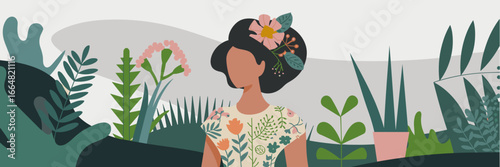 Woman with floral dress in lush botanical setting – Great for eco-friendly branding, fashion content, or nature-inspired design