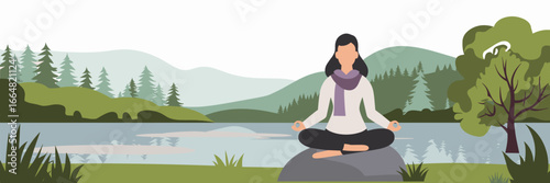 Flat vector image of woman meditating outdoors – Ideal for wellness branding, mindfulness content, or peaceful lifestyle illustrations.