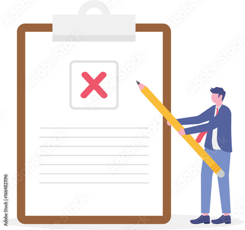 Flat illustration of HR manager hold pencil with cross mark on business checklist clipboard task failed
