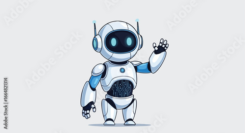Cartoon robot waving hello, demonstrating futuristic technology and artificial intelligence with a friendly greeting, isolated over a pale gray