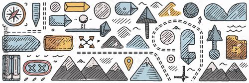 Sketchy navigation and map icons – Ideal for travel-themed projects, GPS interface design, or geography lessons