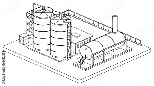 "Plan-view technical drawing of an industrial facility with multiple storage tanks, pipes linking them, and a heat exchanger unit, rendered in monochrome schematic style."