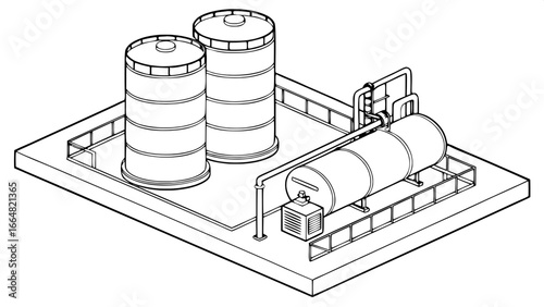 "Plan-view technical drawing of an industrial facility with multiple storage tanks, pipes linking them, and a heat exchanger unit, rendered in monochrome schematic style."