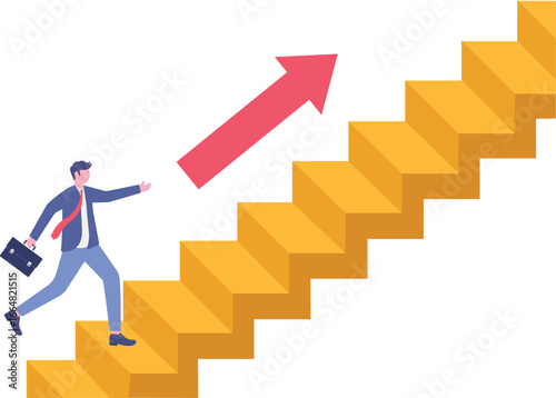 Flat illustration of business people step up rising growth arrow symbolizing sustainable business success

