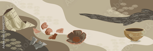 Japanese wabi-sabi inspired background with broken pottery and crumpled paper – Ideal for design blogs, philosophy-themed artwork, or handcrafted product branding.