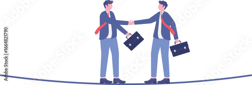 Flat illustration of two businessmen handshake on balance seesaw success negotiation business partnership deal merger agreement
