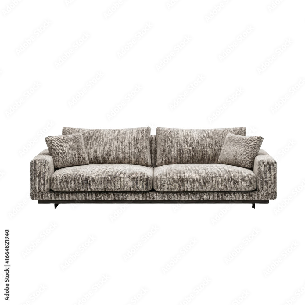 Fototapeta premium Modern gray sofa with plush cushions, perfect for stylish living rooms. Its sleek design and comfortable seating create cozy atmosphere for relaxation