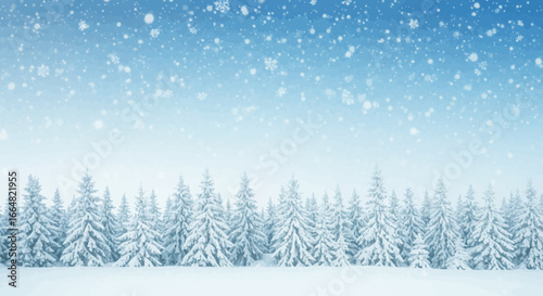 Winter Wonderland Serenity A Beautiful Snowy Forest Landscape with Falling Flakes and Evergreen Trees Under a Light Blue Sky Evoking Peace and Calmness During the Cold Season