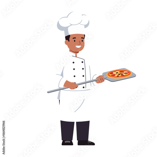 Smiling chef presenting delicious pepperoni pizza on a peel