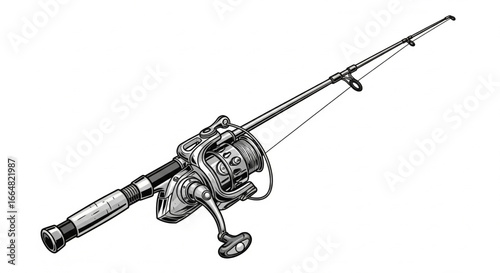 Detailed illustration of a fishing rod and reel, ready for angling in the water.