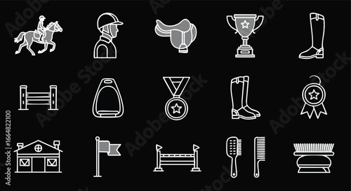 Equestrian Sport Icons: A Stylish Vector Collection of Horse Riding Equipment and Event Elements in a Modern Flat Design
